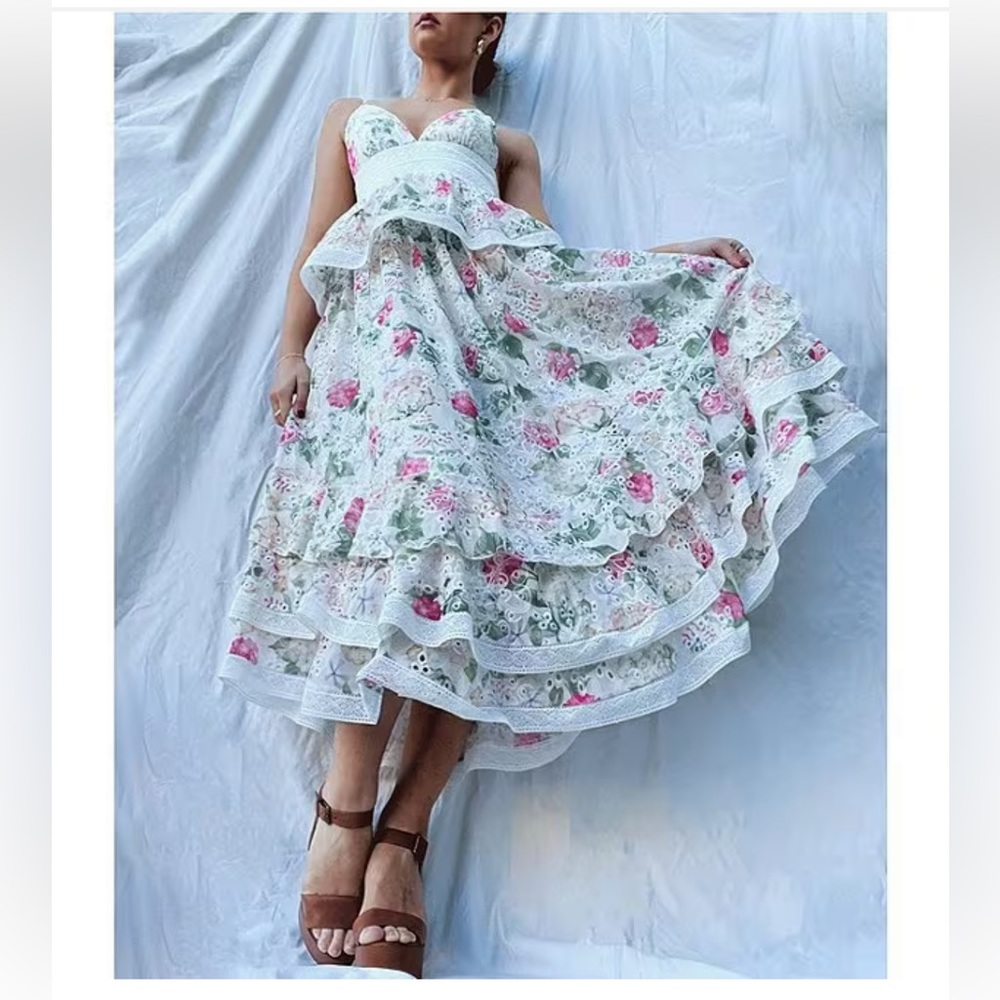 NWT GIANNI BINI Midori Floral Print Chiffon V-Neck Peplum Layered Hem A-Line - Picture 2 of 12